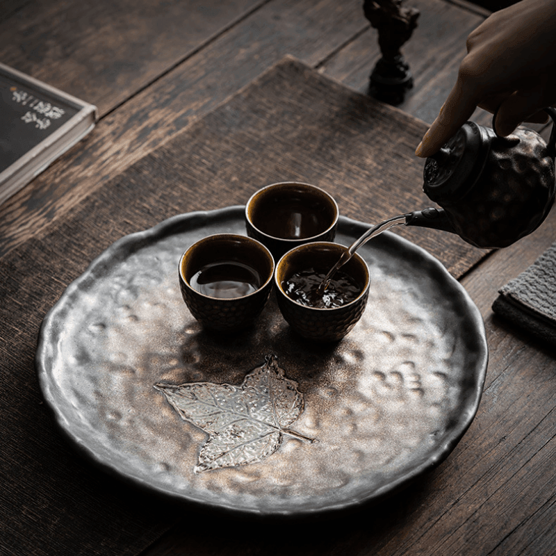 Retro Gilded Ceramic [Maple Leaf] Tea Tray - YIQIN TEA HOUSE | yiqinteahouse.com | retro gilded, tea tray, teaware