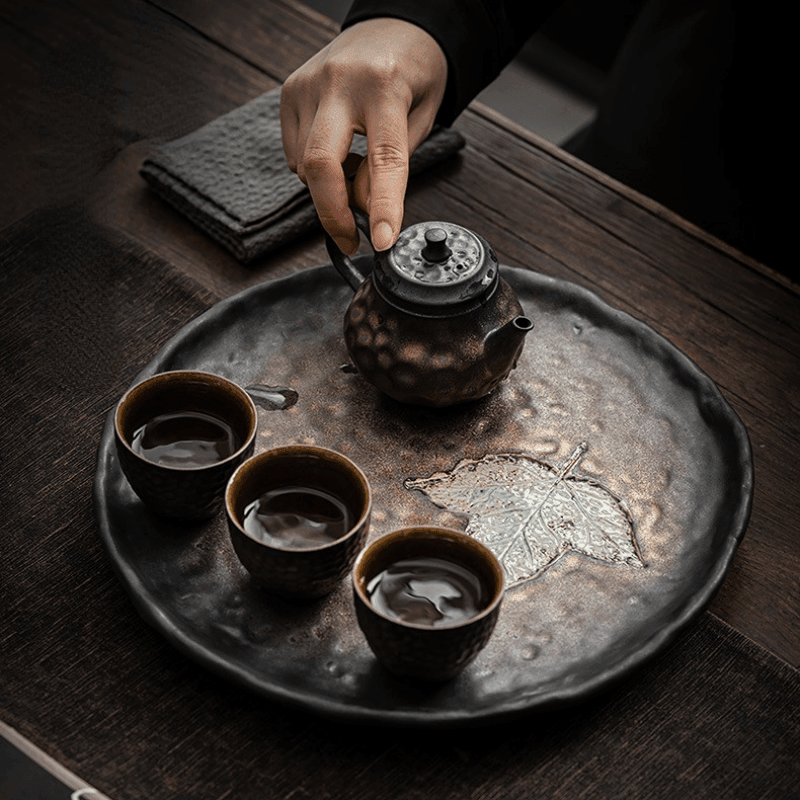 Retro Gilded Ceramic [Maple Leaf] Tea Tray - YIQIN TEA HOUSE | yiqinteahouse.com | retro gilded, tea tray, teaware