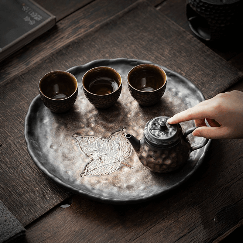 Retro Gilded Ceramic [Maple Leaf] Tea Tray - YIQIN TEA HOUSE | yiqinteahouse.com | retro gilded, tea tray, teaware