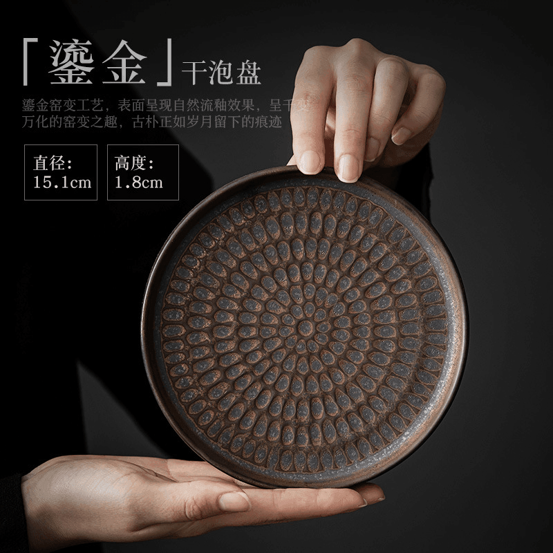 Retro Gilded Round Ceramic Tea Tray - YIQIN TEA HOUSE | yiqinteahouse.com | retro gilded, tea tray, teaware