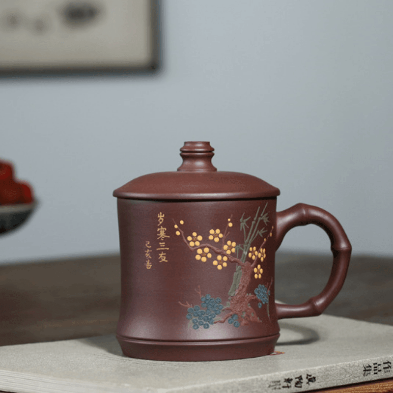 Yixing Purple Clay Tea Mug [3 Friends of Winter] | 宜兴紫砂泥绘 [岁寒三友] 盖杯 - YIQIN TEA HOUSE 一沁茶舍  |  yiqinteahouse.com