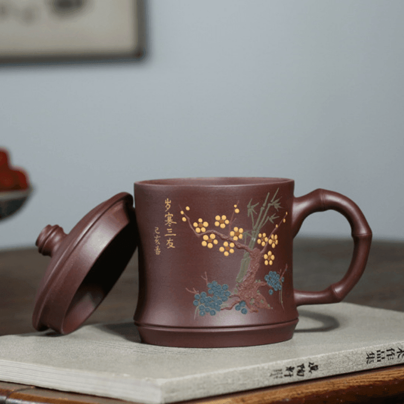 Yixing Purple Clay Tea Mug [3 Friends of Winter] | 宜兴紫砂泥绘 [岁寒三友] 盖杯 - YIQIN TEA HOUSE 一沁茶舍  |  yiqinteahouse.com