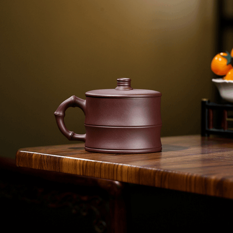 Yixing Purple Clay Tea Mug [Bamboo] | 宜兴紫砂刻绘 [竹节] 盖杯 - YIQIN TEA HOUSE 一沁茶舍  |  yiqinteahouse.com