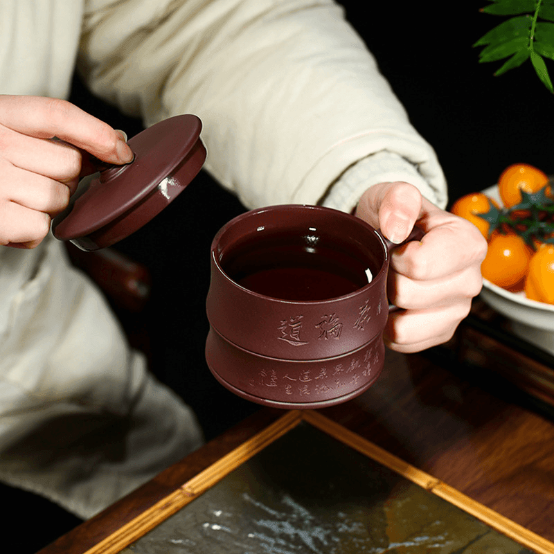 Yixing Purple Clay Tea Mug [Bamboo] | 宜兴紫砂刻绘 [竹节] 盖杯 - YIQIN TEA HOUSE 一沁茶舍  |  yiqinteahouse.com