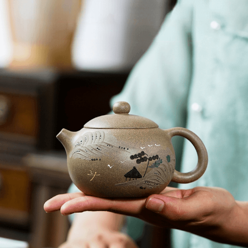 Yixing Purple Clay Teapot [Jinxiu Shanhe Xishi] | 宜兴紫砂壶 原矿豆青泥 [锦绣山河西施] 270ml - YIQIN TEA HOUSE 一沁茶舍  |  yiqinteahouse.com