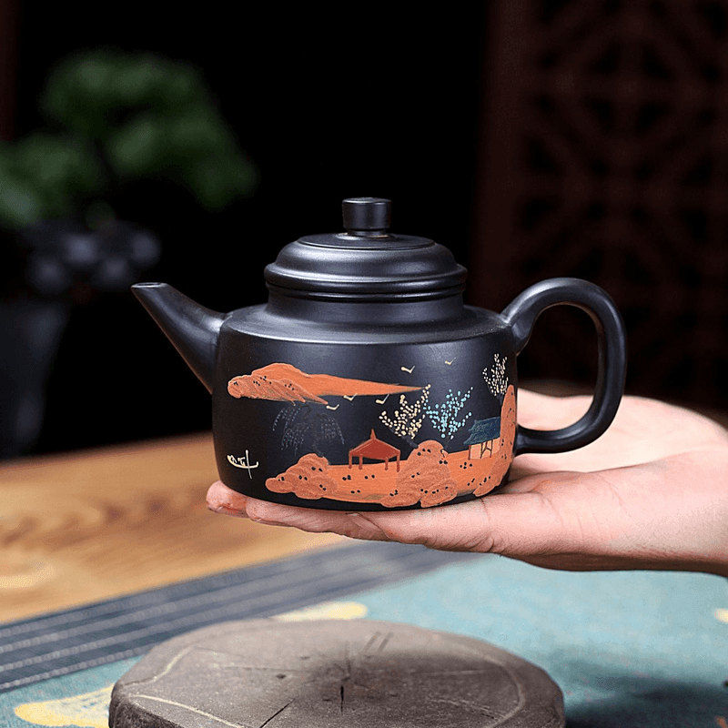 Yixing Purple Clay Teapot [Landscape DeZhong] | 宜兴紫砂壶 原矿黑朱泥 [山水剑流德钟] - YIQIN TEA HOUSE 一沁茶舍  |  yiqinteahouse.com