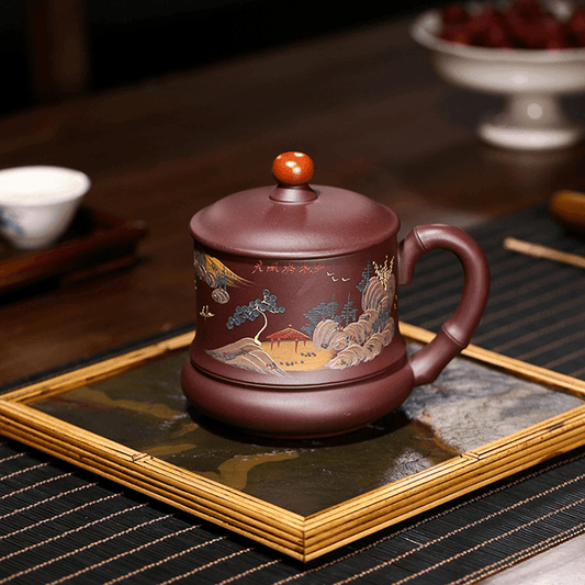 Yixing Purple Clay Tea Mug [Good Luck] | 宜兴紫砂泥绘山水 [鸿运当头] 盖杯 - YIQIN TEA HOUSE 一沁茶舍  |  yiqinteahouse.com