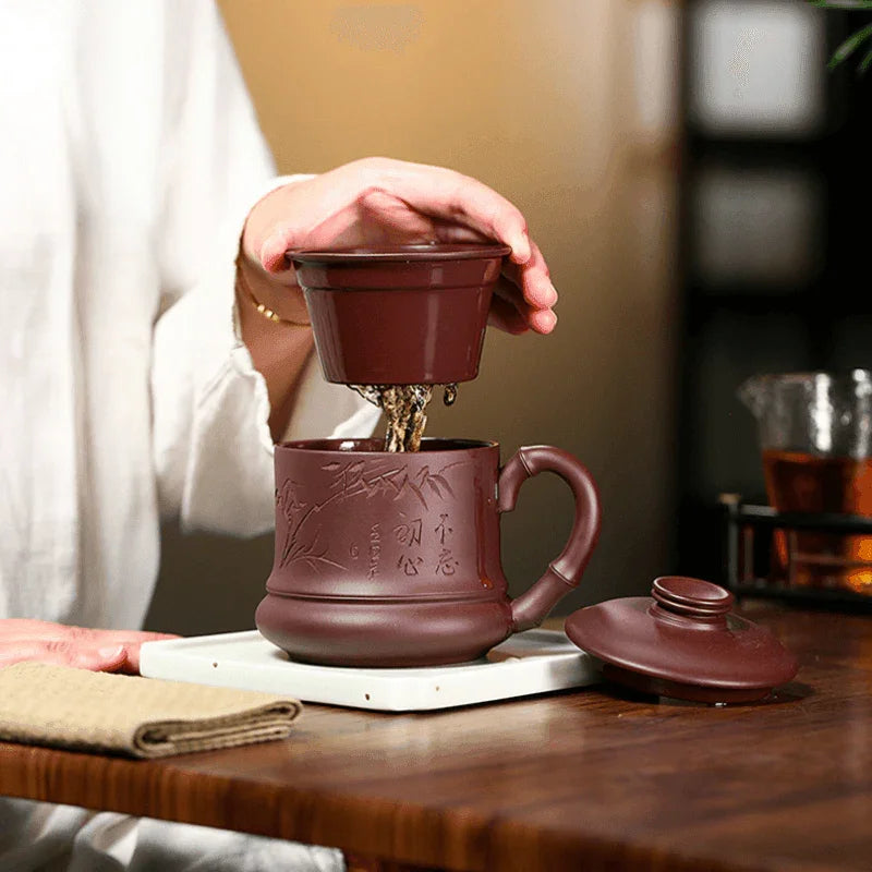 Yixing Zisha Tea Mug with Filter [Bamboo] 370ml - YIQIN TEA HOUSE | yiqinteahouse.com | tea mug, teaware