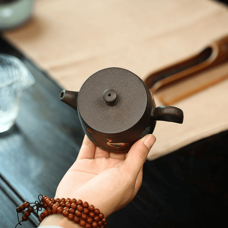 Yixing Zisha Teapot [Auspicious Crane] (Hei Jin Sha - 180ml) - YIQIN TEA HOUSE | yiqinteahouse.com | <200ml, teapot, teaware, zisha teapot