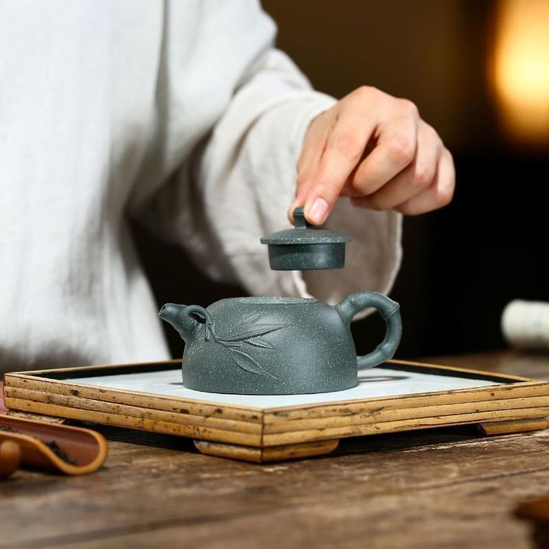 Yixing Purple Clay Teapot [Bamboo Half Moon] | 宜兴紫砂壶 原矿绿泥 [竹叶半月] - YIQIN TEA HOUSE 一沁茶舍 | yiqinteahouse.com