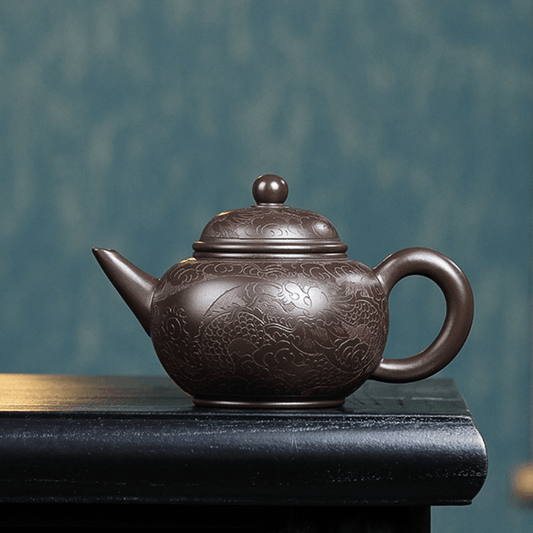 Yixing Zisha Teapot [Dragon Carved Shui Ping] (Zi Ni - 250ml) - YIQIN TEA HOUSE | yiqinteahouse.com | 200-300ml, new arrival, teapot, teaware, zisha teapot