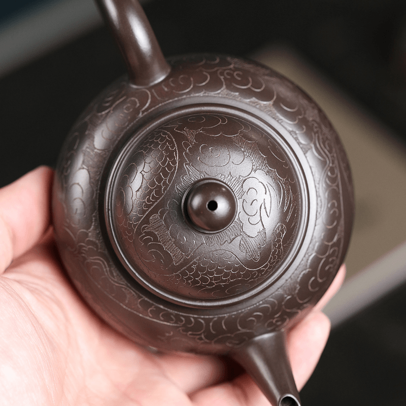 Yixing Zisha Teapot [Dragon Carved Shui Ping] (Zi Ni - 250ml) - YIQIN TEA HOUSE | yiqinteahouse.com | 200-300ml, new arrival, teapot, teaware, zisha teapot