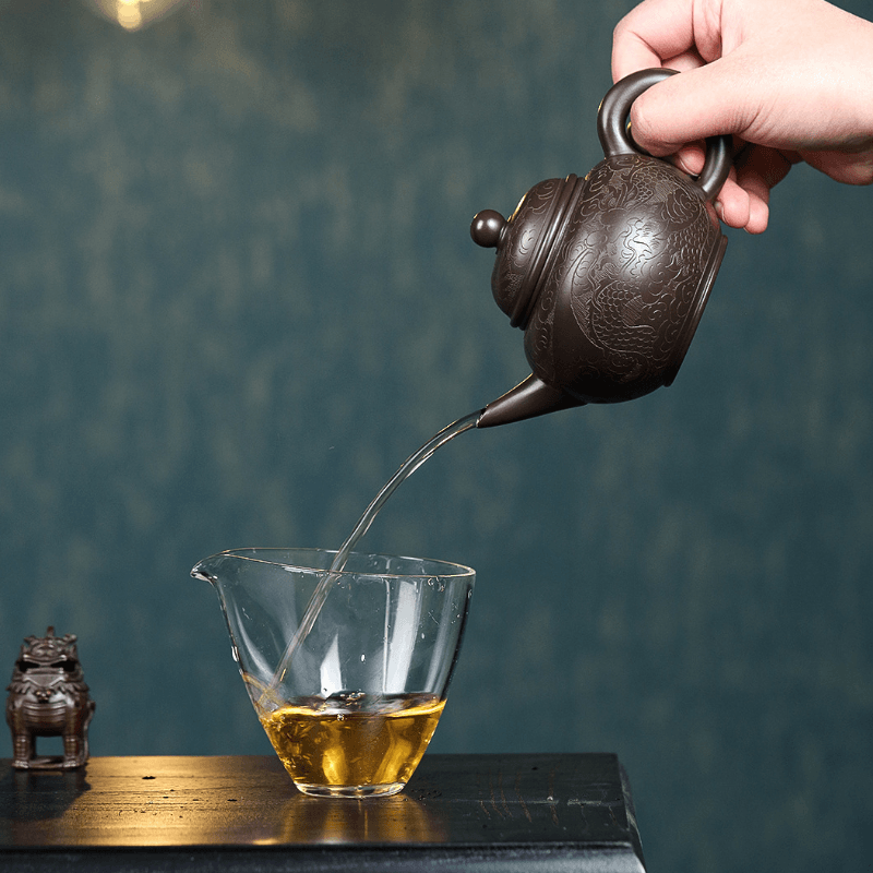 Yixing Zisha Teapot [Dragon Carved Shui Ping] (Zi Ni - 250ml) - YIQIN TEA HOUSE | yiqinteahouse.com | 200-300ml, new arrival, teapot, teaware, zisha teapot