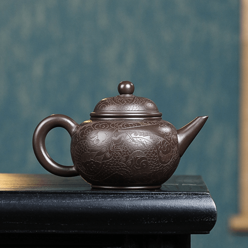 Yixing Zisha Teapot [Dragon Carved Shui Ping] (Zi Ni - 250ml) - YIQIN TEA HOUSE | yiqinteahouse.com | 200-300ml, new arrival, teapot, teaware, zisha teapot