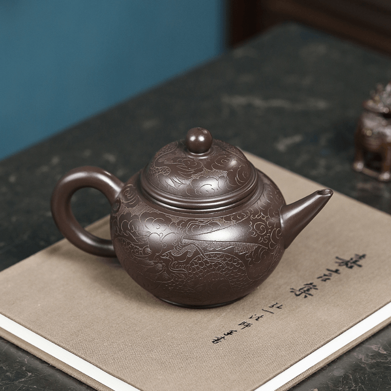 Yixing Zisha Teapot [Dragon Carved Shui Ping] (Zi Ni - 250ml) - YIQIN TEA HOUSE | yiqinteahouse.com | 200-300ml, new arrival, teapot, teaware, zisha teapot