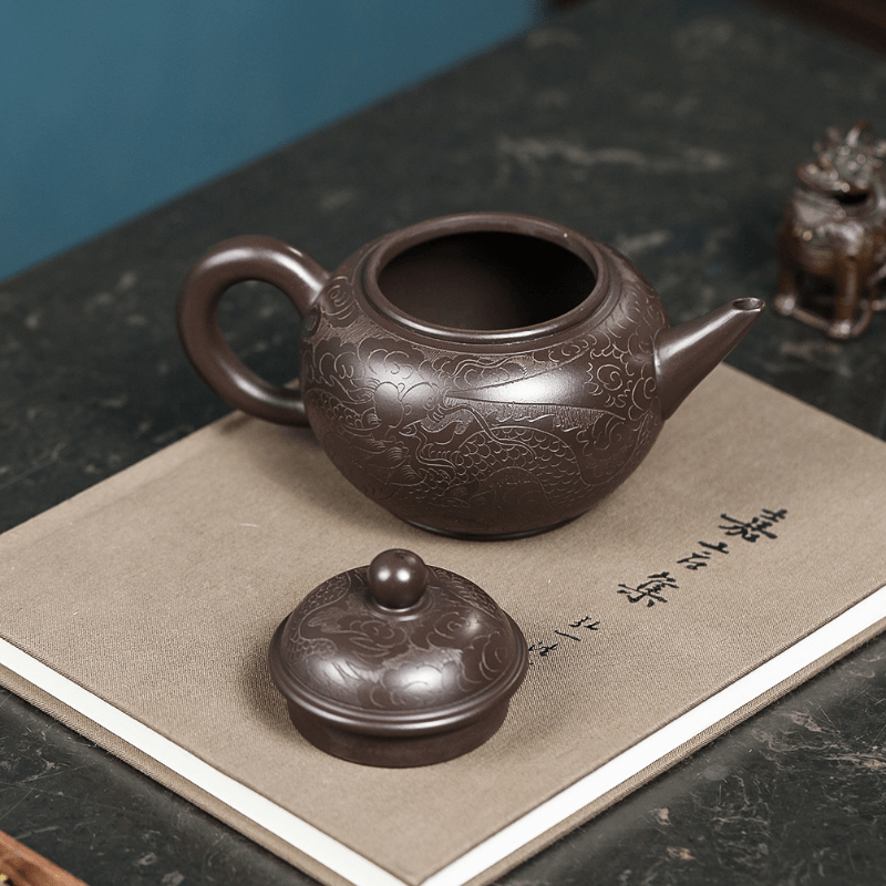 Yixing Zisha Teapot [Dragon Carved Shui Ping] (Zi Ni - 250ml) - YIQIN TEA HOUSE | yiqinteahouse.com | 200-300ml, new arrival, teapot, teaware, zisha teapot