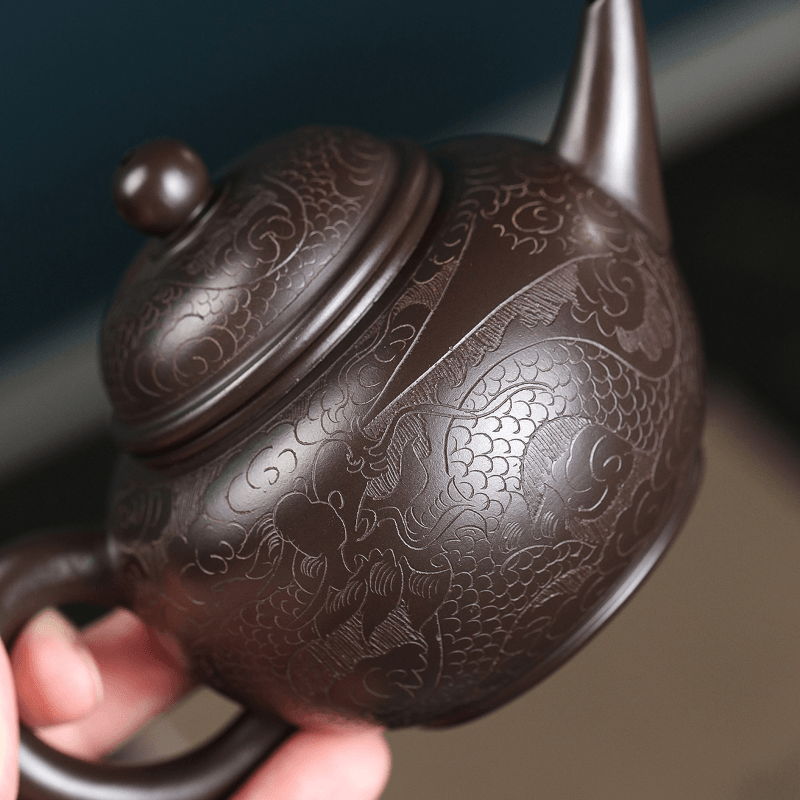 Yixing Zisha Teapot [Dragon Carved Shui Ping] (Zi Ni - 250ml) - YIQIN TEA HOUSE | yiqinteahouse.com | 200-300ml, new arrival, teapot, teaware, zisha teapot