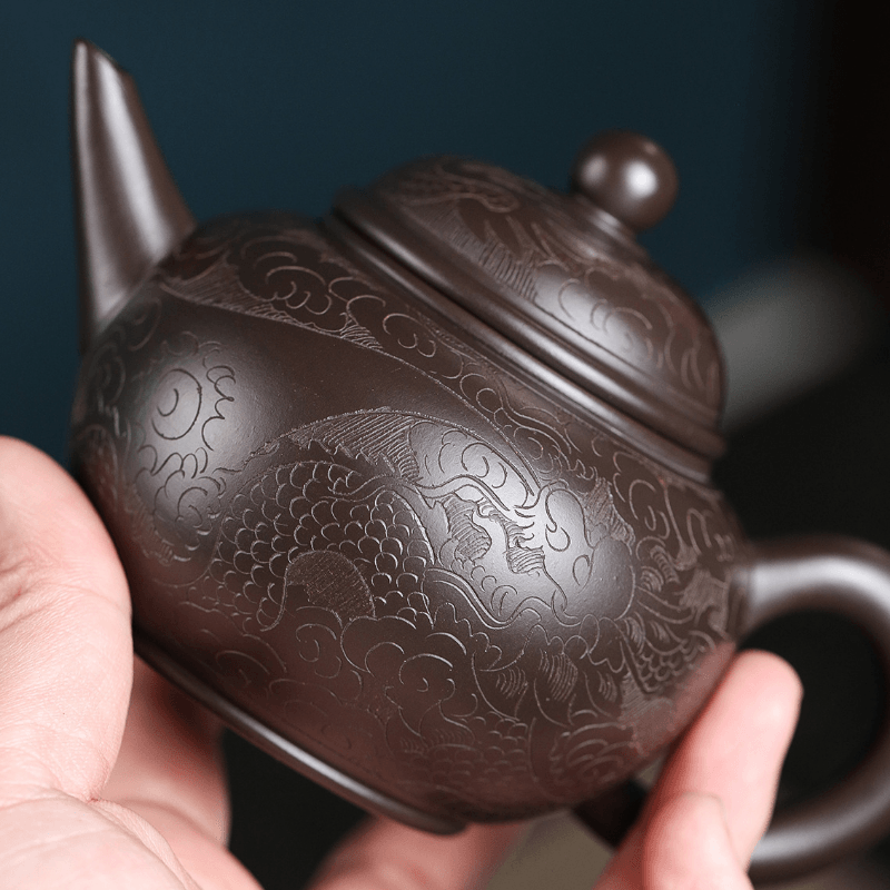 Yixing Zisha Teapot [Dragon Carved Shui Ping] (Zi Ni - 250ml) - YIQIN TEA HOUSE | yiqinteahouse.com | 200-300ml, new arrival, teapot, teaware, zisha teapot