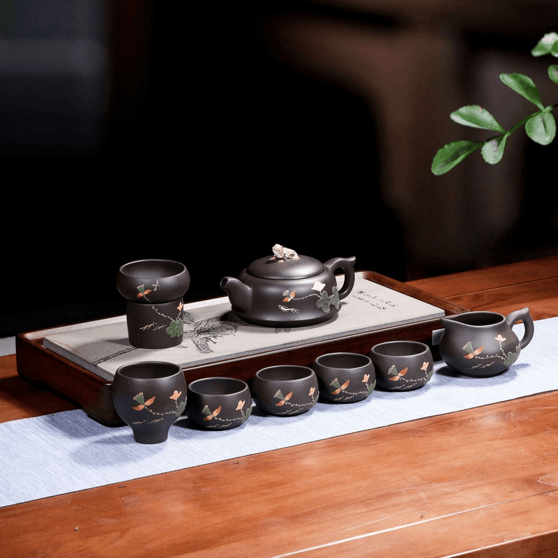 Yixing Zisha Teapot Set [Lotus Pond Moonlight] (Hei Zhu Ni - 260ml) - YIQIN TEA HOUSE | yiqinteahouse.com | 200-300ml, teapot, teaware, teaware set, zisha teapot