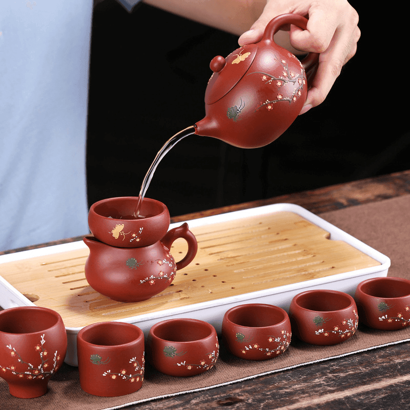 Yixing Zisha Teapot Set [Plum Blossom Xishi] (Dahongpao - 260ml) - YIQIN TEA HOUSE | yiqinteahouse.com | 200-300ml, teapot, teaware, teaware set, zisha teapot