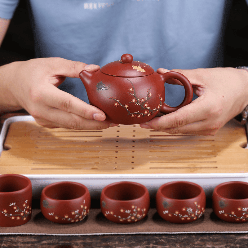 Yixing Zisha Teapot Set [Plum Blossom Xishi] (Dahongpao - 260ml) - YIQIN TEA HOUSE | yiqinteahouse.com | 200-300ml, teapot, teaware, teaware set, zisha teapot