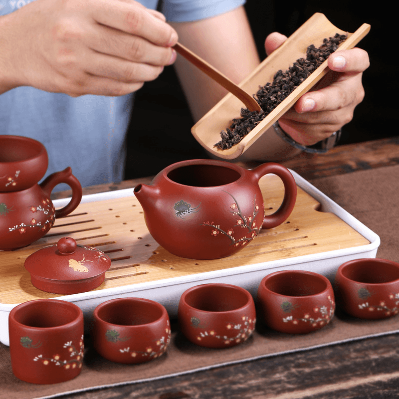 Yixing Zisha Teapot Set [Plum Blossom Xishi] (Dahongpao - 260ml) - YIQIN TEA HOUSE | yiqinteahouse.com | 200-300ml, teapot, teaware, teaware set, zisha teapot